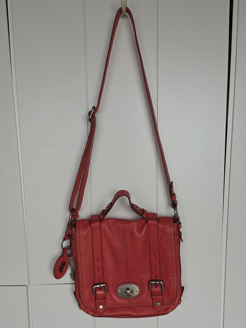 Fossil Structured Crossbody Satchel - Coral Red